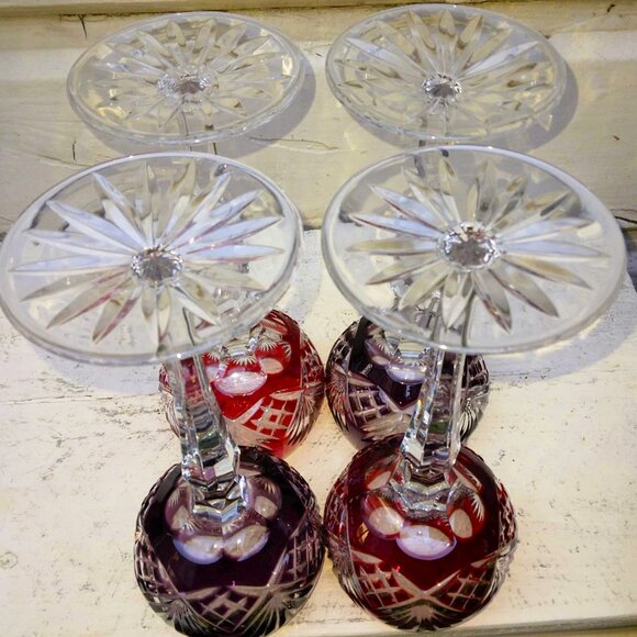 Set of 4 Ajka Caroline 9 Point Wine Hock Cut to Clear 2 Ruby/2 Amethyst Goblets - Picture 10 of 10